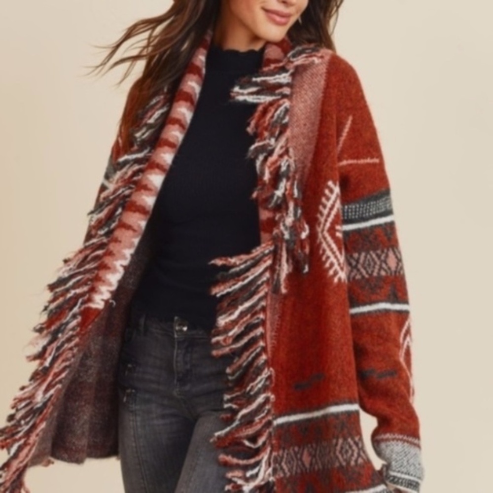 Cozy Cinnamon Red Tribal Print Fringe Open Front Cardigan - Picture 7 of 10